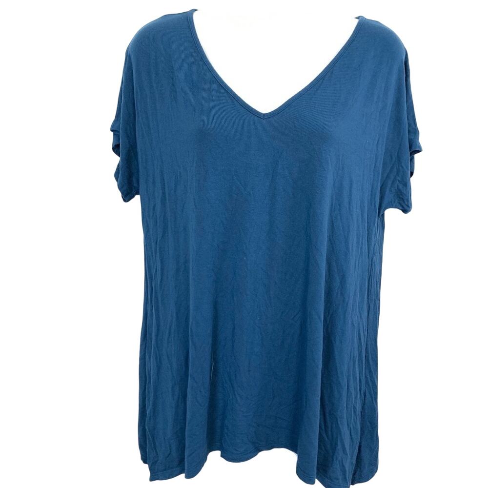 SOMA Teal Blue Short Sleeve V-Neck Stretch Jersey Knit Top Shirt Blouse sz M